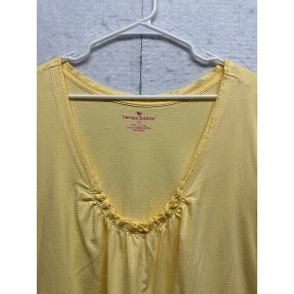 Woman Within Yellow Short Sleeve Top 3X Size 100% Cotton V-Neck Gathered Detail - Picture 3 of 7